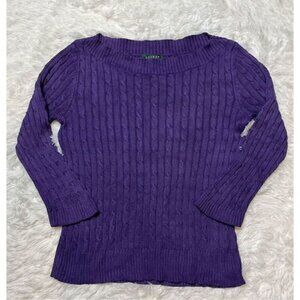 Lauren Ralph Lauren Purple Silk Blend Cable Knit Sweater Metallic Vneck Size L
